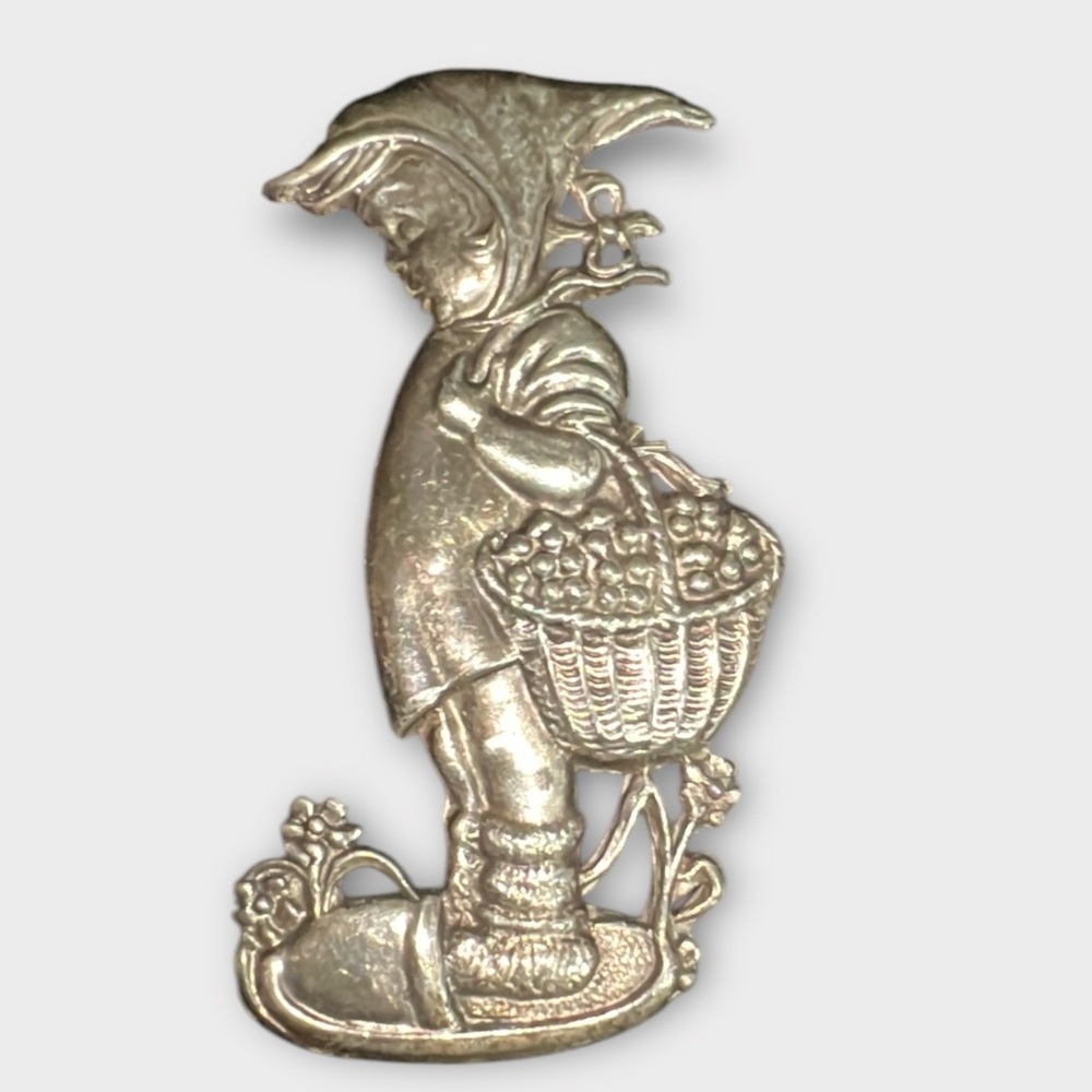 SOLD Vintage 1940s Silson Hummel Pewter Brooch Strawberry Girl W/Basket Goebal